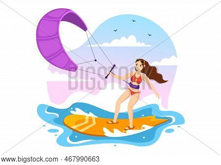 Kitesurfing Illustration With Kite Surfer Standing On Kiteboard In The Summer Sea In Extreme Water S
