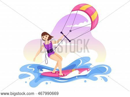 Kitesurfing Illustration With Kite Surfer Standing On Kiteboard In The Summer Sea In Extreme Water S