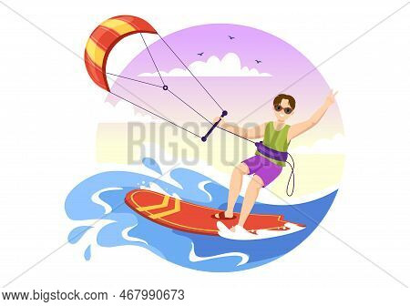 Kitesurfing Illustration With Kite Surfer Standing On Kiteboard In The Summer Sea In Extreme Water S