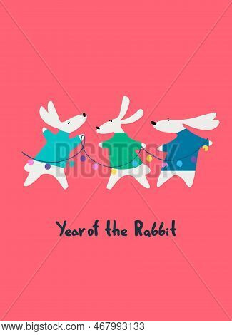 Year Of The Rabbitgreeting Card With Water Rabbit, Zodiac Animal For 2023 And Hand-lettered Greeting