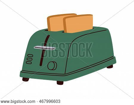Toaster With Hot Toasts. Two Bread Pieces, Slices, Morning Food In Electric Appliance, Kitchen Tool.