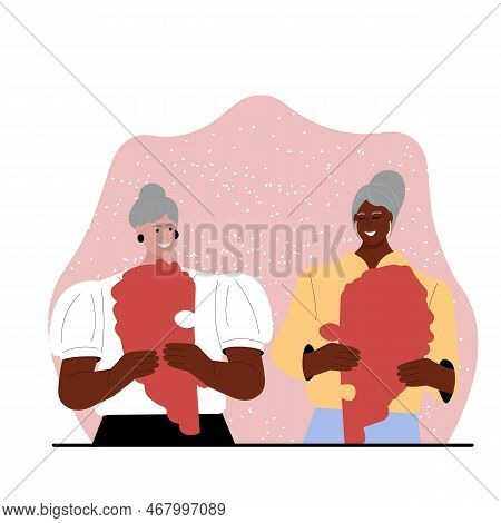 Vector Illustration For The New Year And Valentines Day. Two Old Woman Lightskinned And Darkskinned
