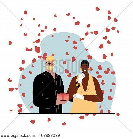 Vector Illustration For Valentines Day. A Lightskinned Man Gives A Darkskinned Woman A Gift. And Hea
