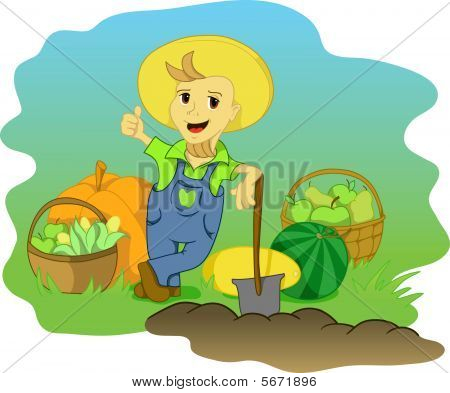Happy farmer boy con ottimo raccolto