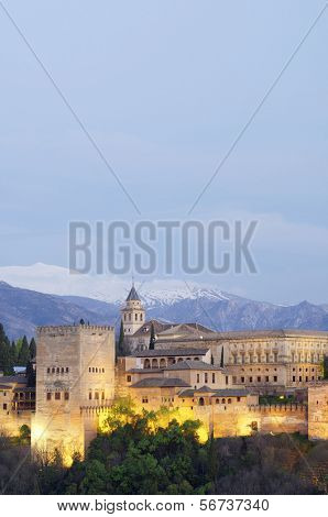 famous view of the Alhambra in Granada, the bottom of the image shows the mountains of Sierra Nevada, Andalusia, Spain