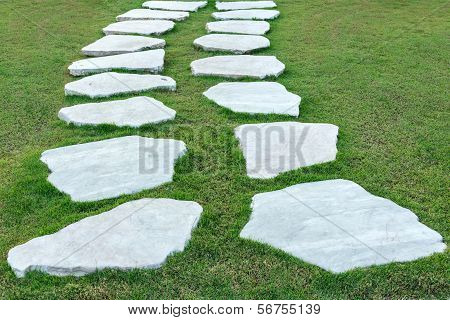 The Stone walk path in the park with green grass