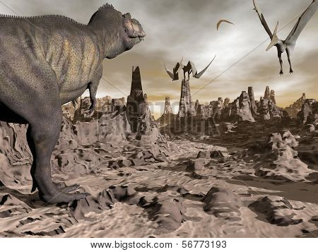 Tyrannosaurus running to pteranodons - 3D render