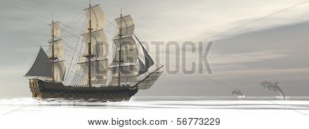 Old merchant ship and dolphins - 3D render