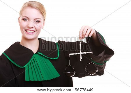 Female Lawyer Attorney In Classic Polish Black Green Gown And Scales