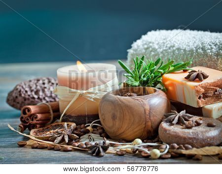 SPA concept: handmade soap with coffee beans, cinnamon and anise star