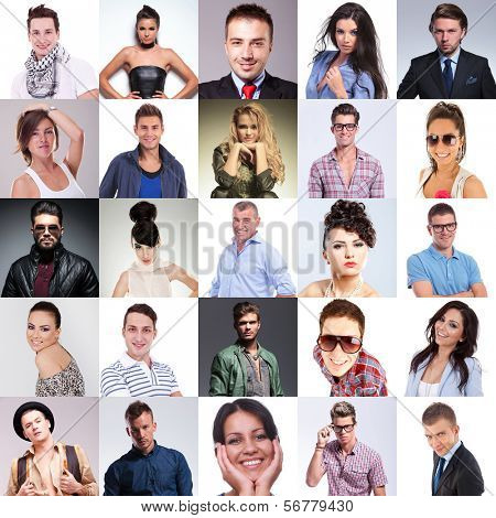 many people faces collage, different situations, studio pictures