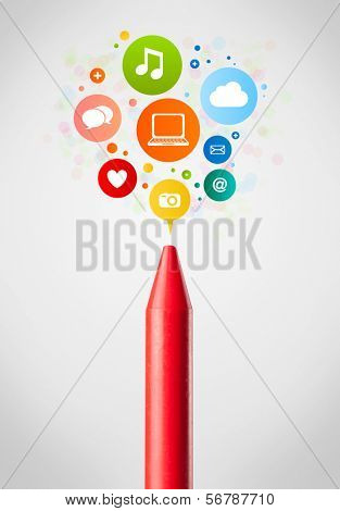 Coloured crayon close-up with social network icons