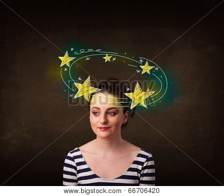 Young girl with yellow stars circleing around her head illustration