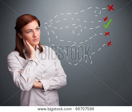 Beautiful young woman choosing between right and wrong signs
