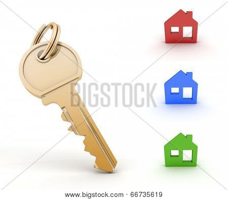 Key and set of houses models. 3d illustration on white background