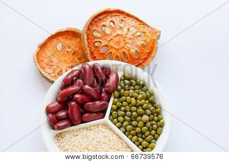 Bael Fruit,red Beans,chickpea On A White Background