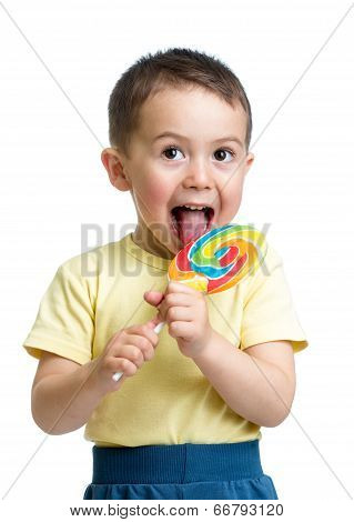 Kid Boy Eating Lollipop Isolated