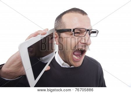 Businessman Holding A Table  And Screaming.