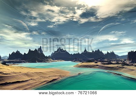 3D Rendered Fantasy Alien Planet. Rocks And Sea