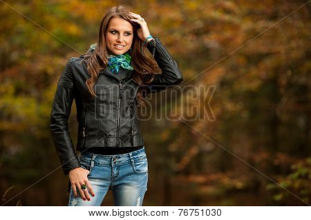 Blog Style Pretty Young Woman On A Walk In Forest On Late Autumn Day In Fashoinable Dress