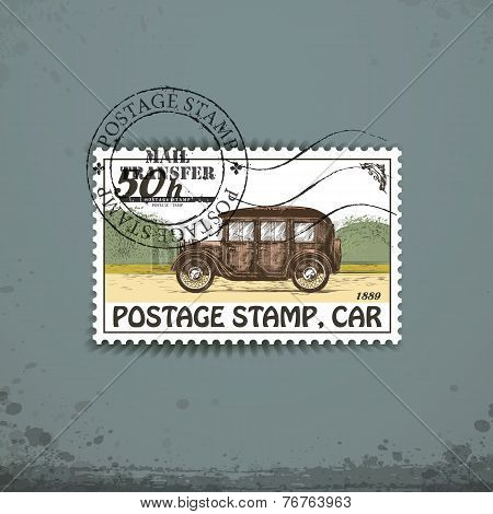 Postage stamp with retro car