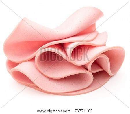 cooked boiled ham sausage or rolled bologna slices isolated on white background cutout