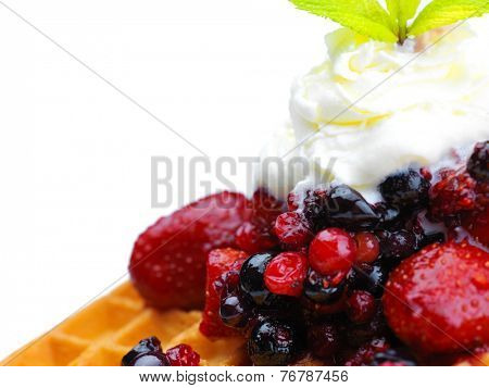 a selection of three italian gelato ice-cream scoops topped with nuts, chocolate, fruit served on crispy waffels