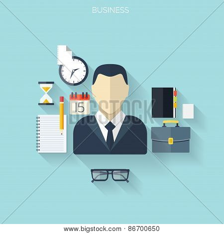 Business flat background with papers.Temwork concept. Global communication and working expierence. B