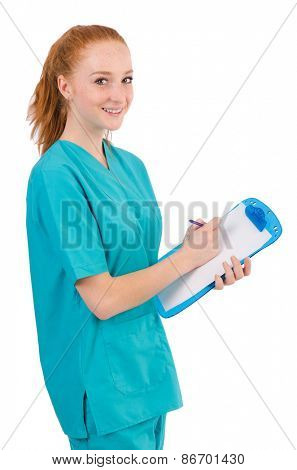 Careful nurse isolated on white