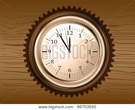 Vector analog clock on a brown wooden background