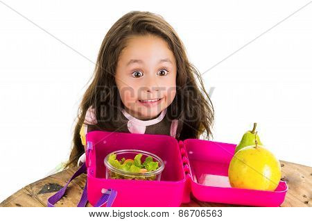 Cute little brunette girl with her healthy lunchbox