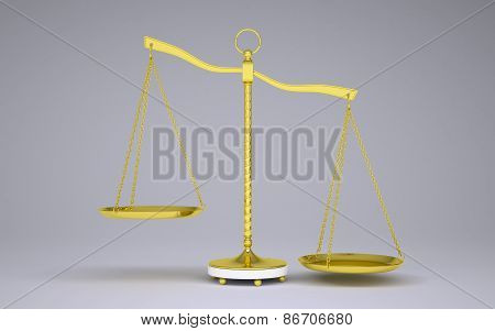 Gold beam balance with shadow. Right bowl below