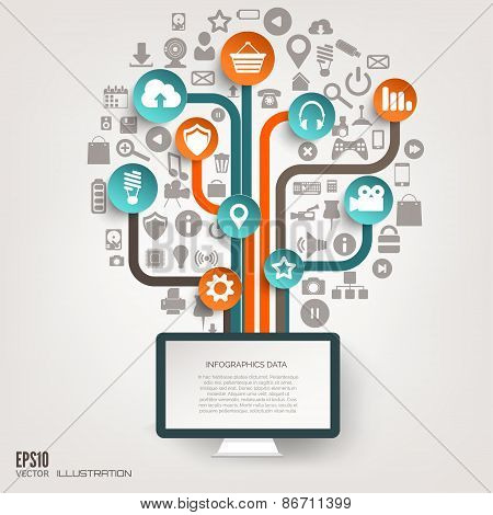 Icon tree. Flat abstract background with web icons. Interface symbols. Cloud computing. Mobile devic