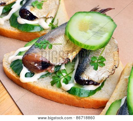 Sprats Sandwiches, Appetizer On Paper Background