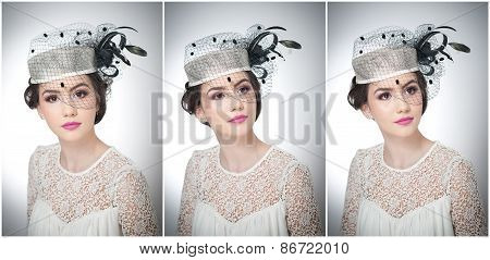Hairstyle and make up - beautiful young girl art portrait. Cute brunette with white cap and veil