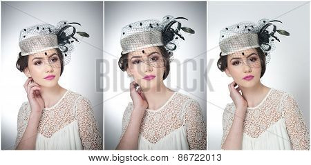 Hairstyle and make up - beautiful young girl art portrait. Cute brunette with white cap and veil