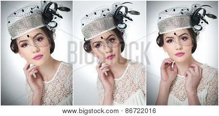 Hairstyle and make up - beautiful young girl art portrait. Cute brunette with white cap and veil