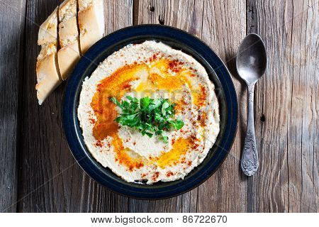 Fresh Hummus With Parsley And Oil.