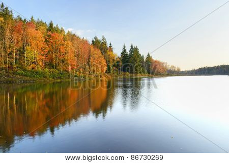 Vivid Colors of Fall Trees Reflecting in Lake
