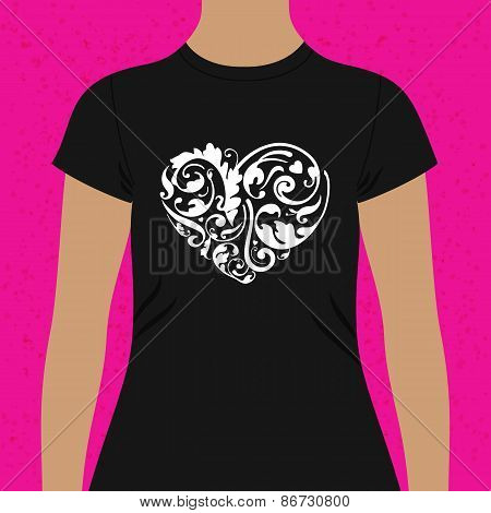 Decorative foliate heart t-shirt design template