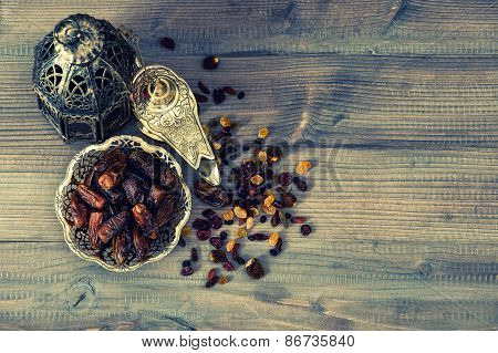 Still Life With Vintage Orintal Lantern, Raisins And Dates