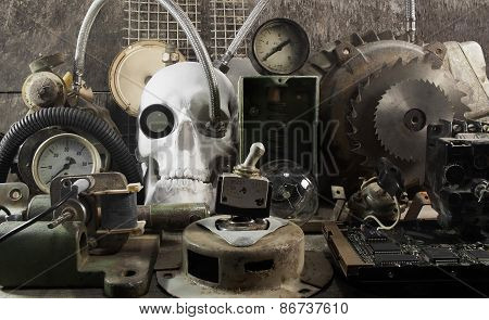 Mechanical skull and parts.