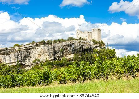 ruins of castle in Vaison-la-Romaine with vineyard, Provence, France