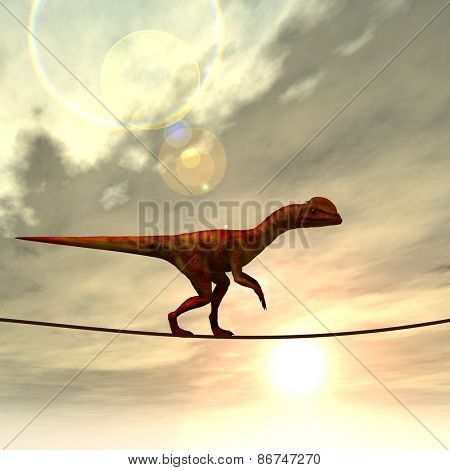 Concept or conceptual abstract business metaphor as wild heavy dinosaurus balancing on rope over sunset sky background