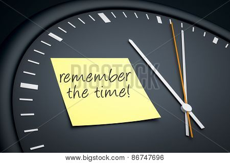 An image of a dark clock with a sticky note and message remember the time