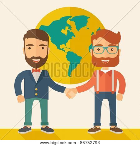 Two lucky hipster Caucasian businessmen with beard happily standing, holding their hands while working together telling the whole world that they are successful in their business partnership. Happy