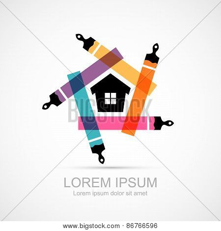 Colorful paint brushes with house symbol icon
