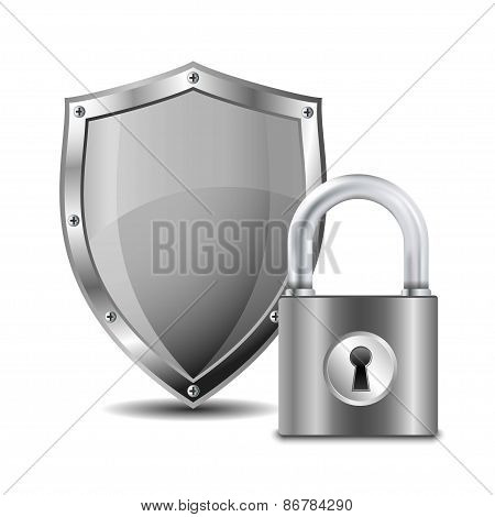 Metallic padlock and shield. Vector illustration