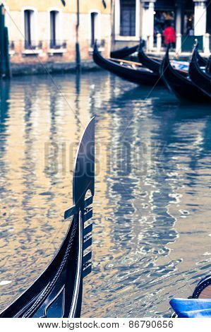 The Ornaments On The Front (prow - Ferro) Of The Gondola Represent Symbols Of Venice.