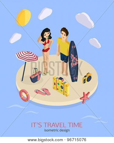 It's travel time 3d isometric pixel design concept with man and woman standing on the beach.